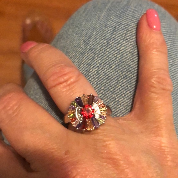 Platinum plated multi colored CZ ring size 9 - Picture 2 of 3